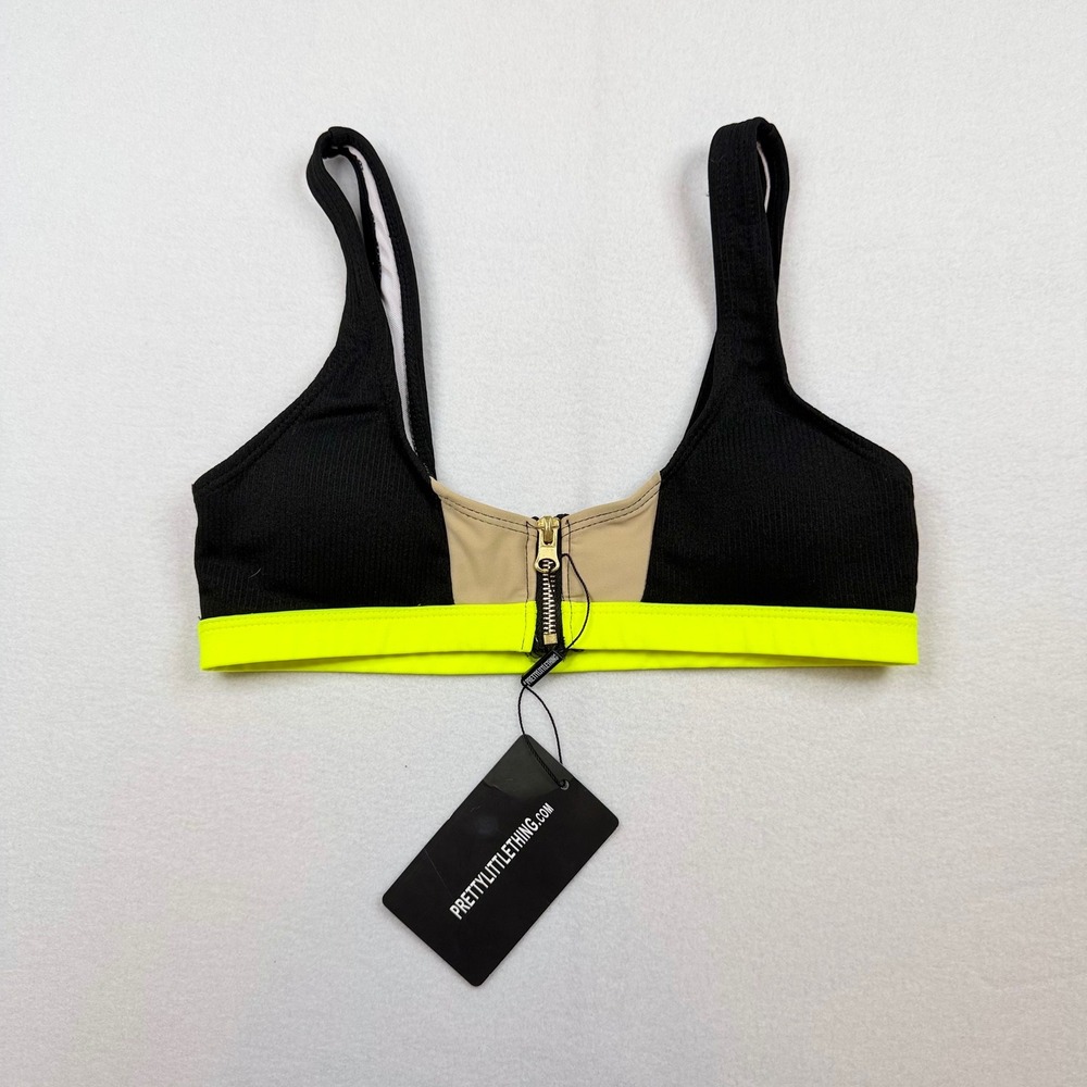 PrettyLittleThing Lime Ribbed Zip Front Contrast Bikini Top XS/S CMD8409 Black